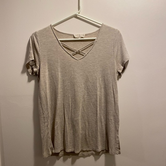 Beige Criss Cross V-Neck T-Shirt - Picture 1 of 5
